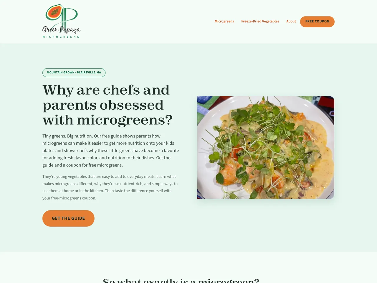 Green Papaya Microgreens homepage with a Get the guide button