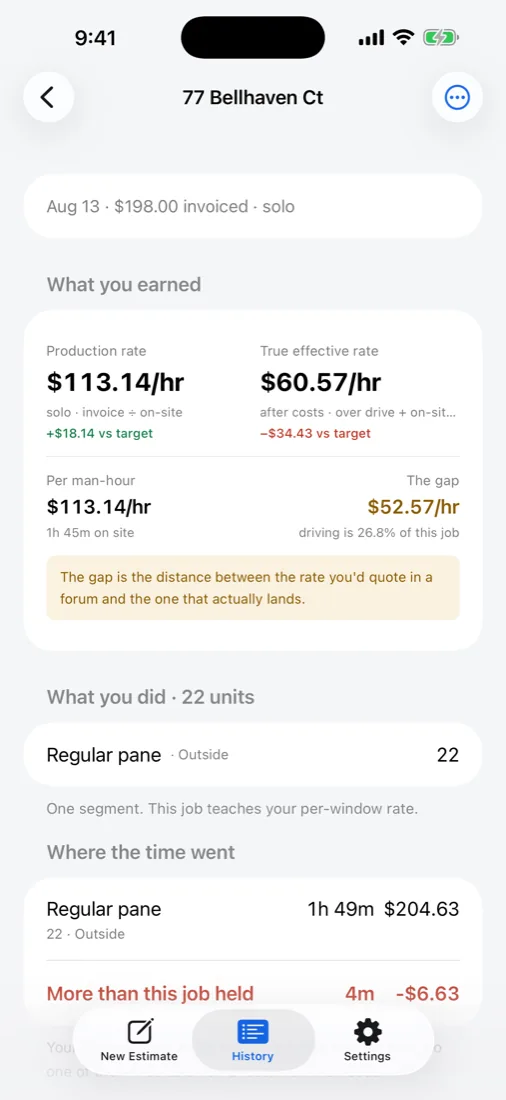PaneProfit job report showing the production rate next to the true effective rate